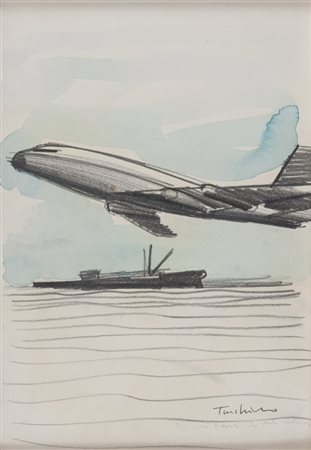 ALDO TURCHIARO (Celico 1929) Aereo e nave, anni '60 Tecnica mista su carta,...