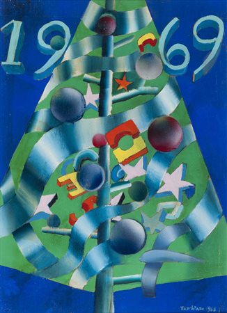 ALDO TURCHIARO (Celico 1929) Albero di Natale, 1968 Olio su tavoletta, cm. 66...