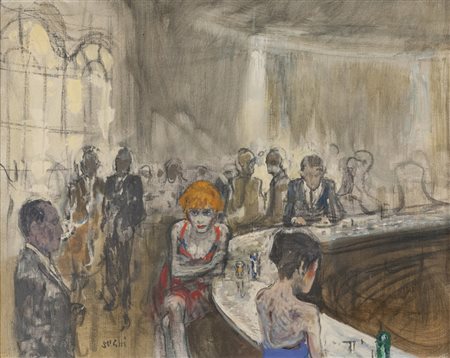 ALBERTO SUGHI (Cesena 1928 - Bologna 2012) Figure al bar, 1989 Olio su tela,...