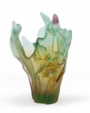 VASO SCULTURA 'CATTLEYA' DI EMILIO ROBBA in cristallo policromo con orchidea...