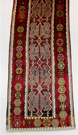 Tappeto Kilim turco, cm. 134x394. Anni '40.