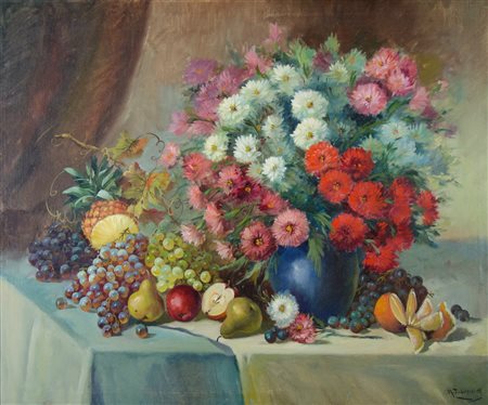 Alois Zabehlicky 1883-1962 "Natura morta di fiori e frutta" cm. 80x100 - olio...