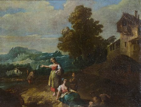 Attribuito a Giuseppe Zais 1709-1784 "Paesaggio con figure" cm. 36x46 - olio...