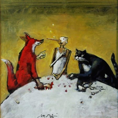 Mario Madiai (Livorno 1944) Il Gatto la Volpe e Pinocchio 2013 Olio su tavola...