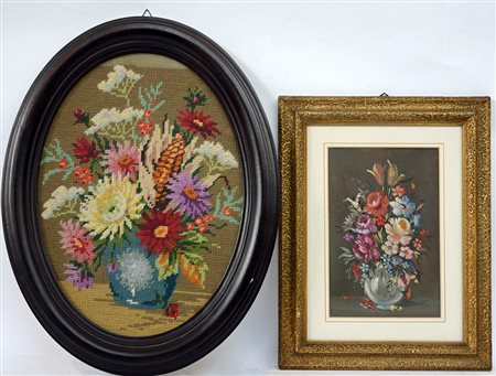 Lotto composto da un ricamo ed un dipinto raffiguranti fiori, in cornici
