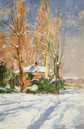 Oreste Costa (1901) Paesaggio innevato, 1891 Olio su tavola, cm. 18,5x12,5....