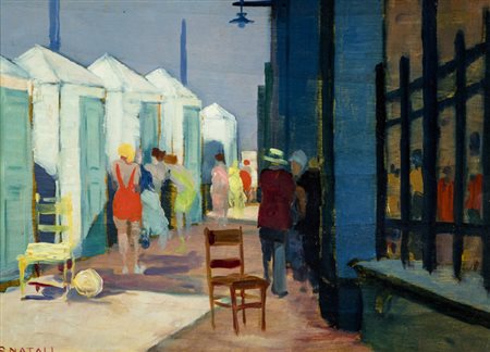 Renato Natali (Livorno 1979) Sui bagni, anni '30 Olio su tavola, cm. 29x40....