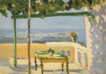 Giulio Allori (Livorno Livorno 1966) Terrazza sul mare, Olio su cartone, cm....