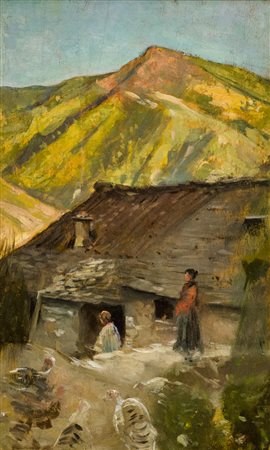 Cesare Ciani (1925) Casolare con contadine, Olio su cartone, cm. 32,3x19,5....