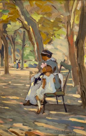 Cafiero Filippelli (Livorno 1973) Bimba e balia al parco, 1919 Olio su...