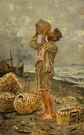 Antonio Leto (Monreale Capri 1913) Pescatore, Olio su tavola, cm. 28x18....