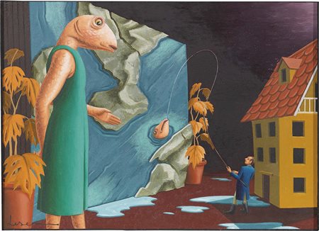 Dirk Larsen Copenaghen 1951 Fishing, 1998 Olio su pannello MDF, cm. 21x29...