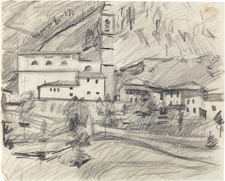 Mario Sironi Sassari 1885 - Milano 1961 Paesaggio con chiesa Matita su carta,...