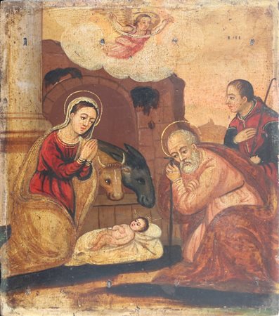 SCUOLA VENETO CRETESE DEL XVII SECOLO Sacra famiglia. Olio su tavola. Cm...