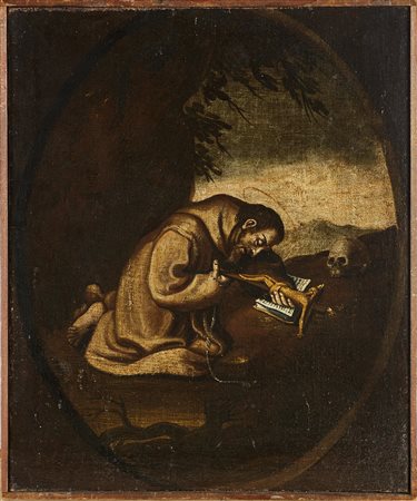 ARTISTA DEL XVIII SECOLO Santo in preghiera con crocifisso. . Olio su tela ....