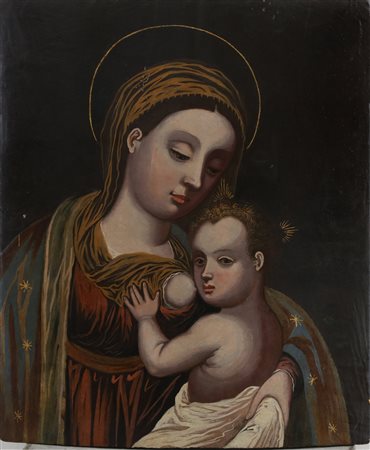 ARTISTA DEL XVII SECOLO. Madonna con bambino. . Olio su tavola. Cm 45,00 x...