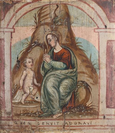 ARTISTA VENETO - CRETESE DEL XVII SECOLO Madonna con Bambino. Olio su tavola....