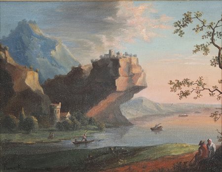 KAISERMANN FRANZ (1765 - 1833) Paesaggio con barche. 1821. Olio su carta. Cm...