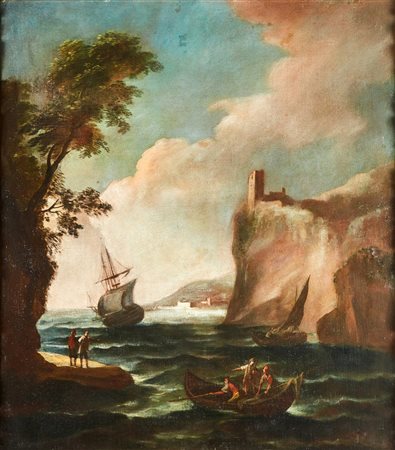 CIFRONDI ANTONIO (1657 - 1730) Paesaggio con porto di mare e personaggi. Olio...