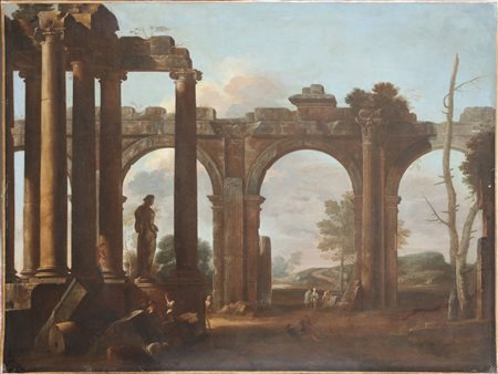 ARTISTA ROMANO DEL XVII SECOLO Paesaggio con rovine e personaggi. Olio su...