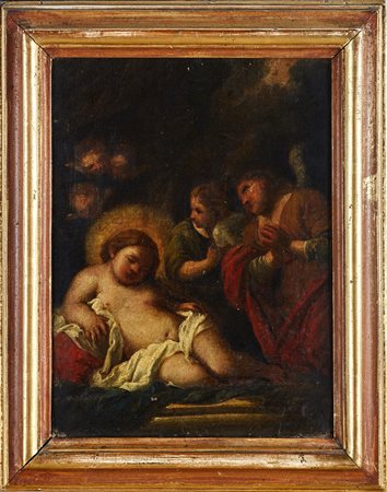 PITTORE GENOVESE DEL XVII SECOLO Gesù bambino adorato dagli angeli. Olio su...