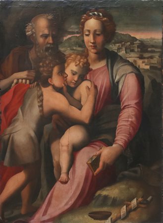 ARTISTA TOSCANO DEL XVI SECOLO Sacra Famiglia e San Giovanni Battista. Olio...