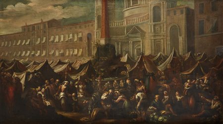 GHIDONI MATTEO (1626 - 1689) Scena di mercato. Olio su tela . Cm 160,00 x...