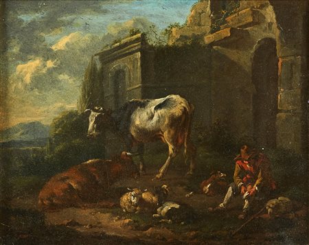 VAN DE VELDE ADRIEN (1636 - 1672) Coppia di paesaggi con rovine, armenti e...