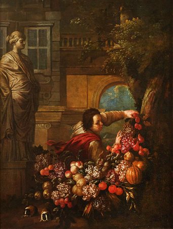 GILLEMANS JAN PAUWELS (1618 - 1680) Personaggio con natura morta di frutta....