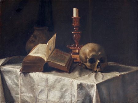 ARTISTA DEL XIX SECOLO Natura morta con vanitas. Olio su tela . Cm 61,00 x...