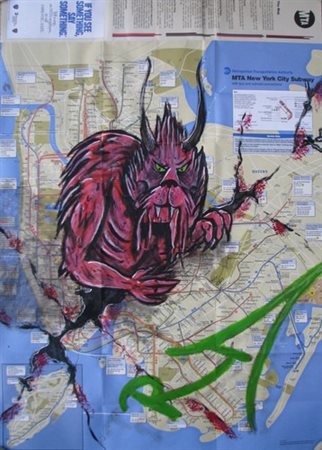 RD357, "Monster Busting", tecnica mista su carta topografica di New York, cm...