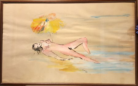 Carlo Ricci, "Nudo sulla spiaggia", 1971, tempera su carta cm 61x100, firma e...