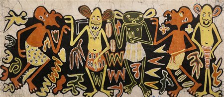 George Lilanga, "Villaggio africano", batik su tela in cotone cm 43x99,...