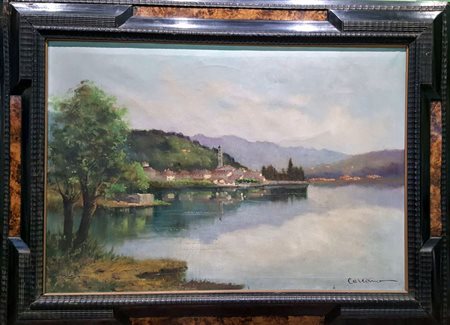 Filippo Carcamo, "Paesaggio sul lago", olio su tela cm 70x100, firma in basso...