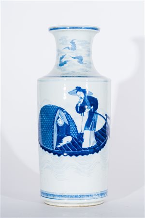 Arte Cinese Vaso a rullo in porcellana bianca blu dipinto con personaggi in...