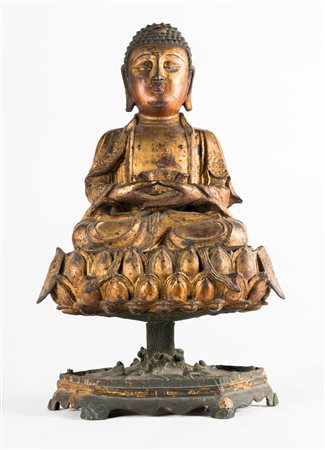 Arte Cinese Grande e rara scultura in bronzo laccato e dorato raffigurante il...