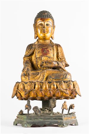 Arte Cinese Grande e rara scultura in bronzo laccato e dorato raffigurante...