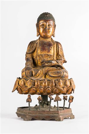 Arte Cinese Grande e rara statua in bronzo laccato e dorato raffigurante il...