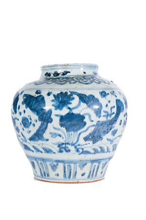Arte Cinese Vaso in porcellana bianco blu dipinto con pesci nello stagno...