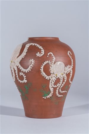 Arte Cinese Vaso in terracotta yixing con decoro di polpi in porcellana...
