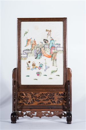 Arte Cinese Schermo da tavolo in legno con placca in porcellana smaltata...