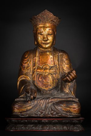 Arte Cinese Statua in legno laccato raffigurante uno dei bodhisattva...