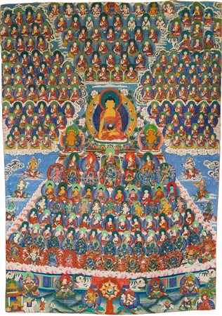 Arte Himalayana Grande thangka raffigurante Campo del Rifugio Cina/Tibet,...