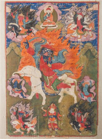 Arte Himalayana Thangka raffigurante i cinque re Pehar Mongolia, inizio XIX...