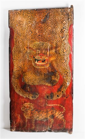 Arte Tibetana Anta in legno con tela dipinta raffigurante un leopardo Tibet,...