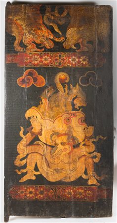 Arte Tibetana Anta in legno con tela applicata dipinta con offerte feroci...
