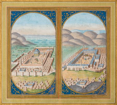 Arte Islamica Miniature raffiguranti Mecca e Medina Turchia, tardo XIX - XX...