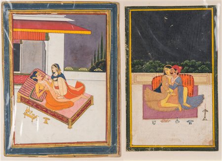 Arte Indiana Due miniature erotiche Pigmenti e oro su carta India, Rajasthan,...