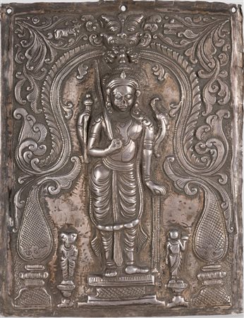 Arte Indiana Placca in argento sbalzato raffigurante Virabhadra India, XIX...