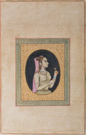 Arte Indiana Ritratto di una principessa Gouache e oro su carta India, Moghul...